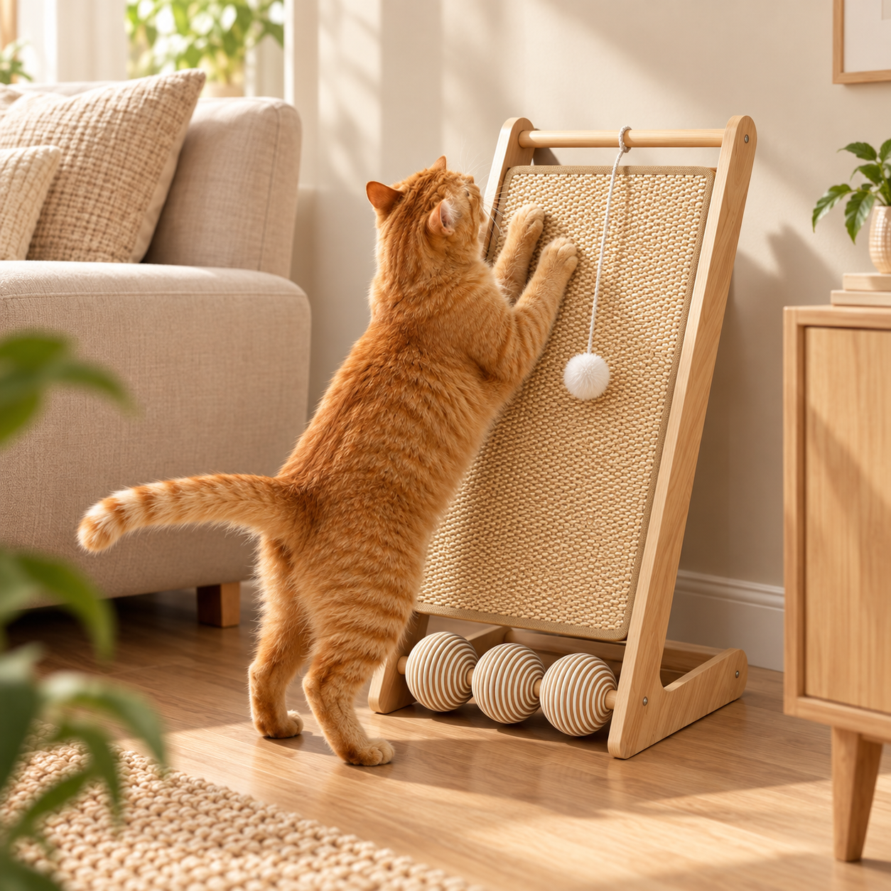 Cat Scratching Post for Indoor Cats  Inclined Wooden Cat Scratcher Board with Sisal Scratch Pad, Hanging Toy and Rollers