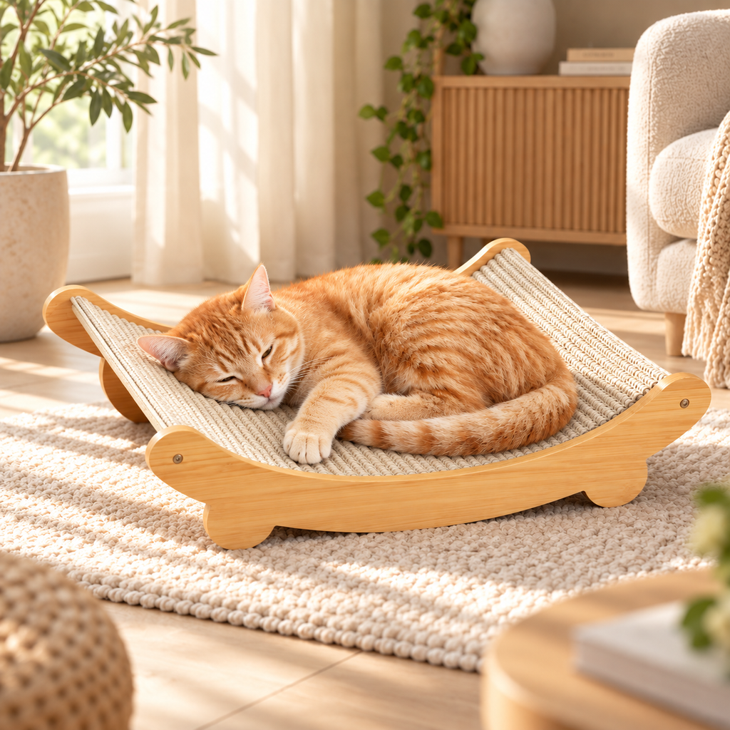 Wooden Cat Scratcher Bed for Indoor Cats Curved Sisal Scratch Pad & Lounge Hammock for Kittens & Cats