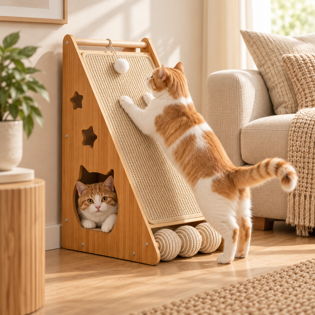 Wooden Cat Scratcher Ramp with Sisal Scratching Board & 3 Rolling Balls for Indoor Cats