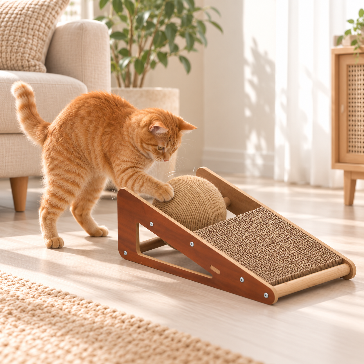 Kitten Scratching Board with Sisal Ball – Wooden Cat Scratcher for Indoor Cats, 2-in-1 Vertical & Flat Scratch Ramp