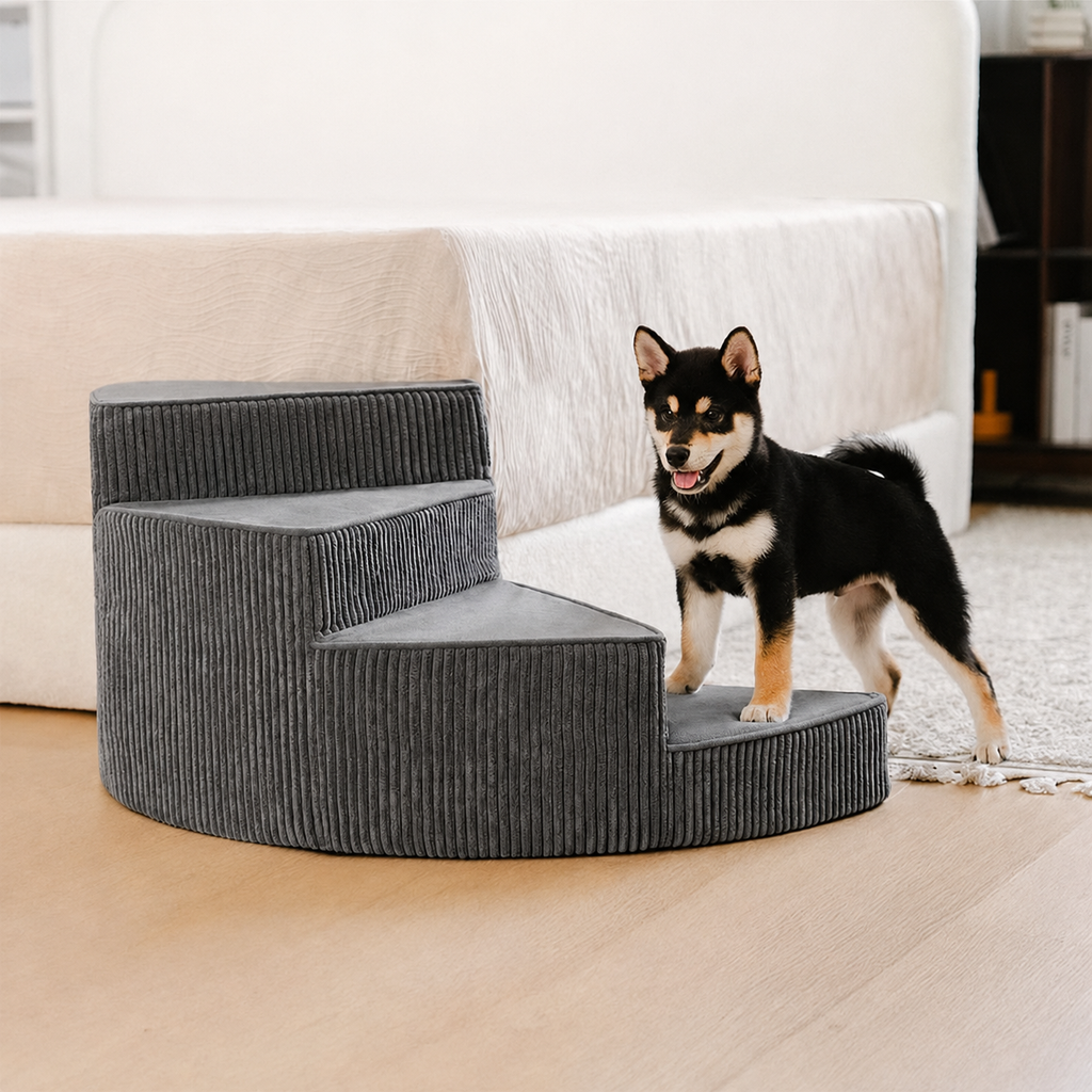Spiral Dog Stairs for Bed – Corduroy Corner Steps That Hug the Furniture