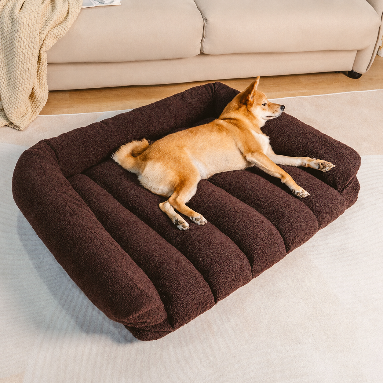 Orthopedic Dog Sofa Bed with Headrest – Teddy Fleece Bed for Large Breeds