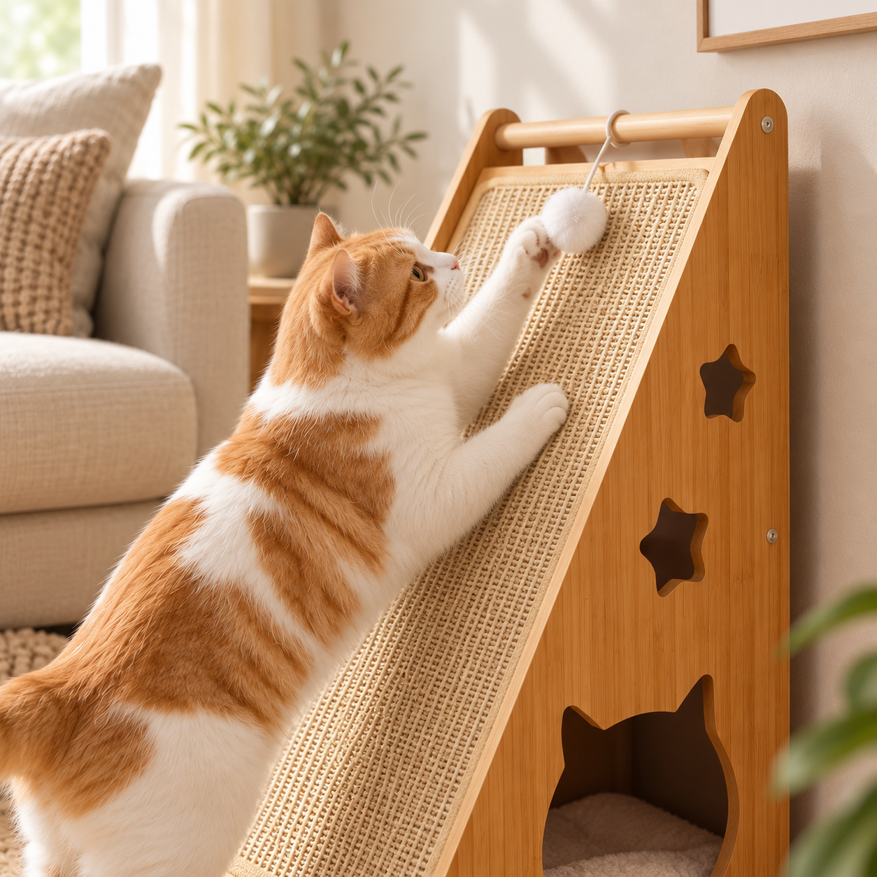 Wooden Cat Scratcher Ramp with Sisal Scratching Board & 3 Rolling Balls for Indoor Cats