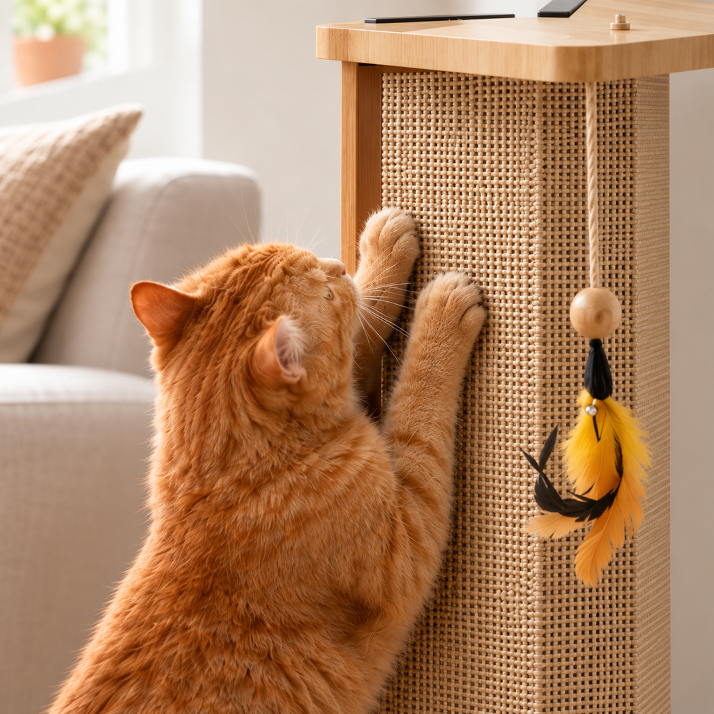 Cat Scratching Post for Indoor Cats Large Wooden Cat Scratcher with Hanging Toy