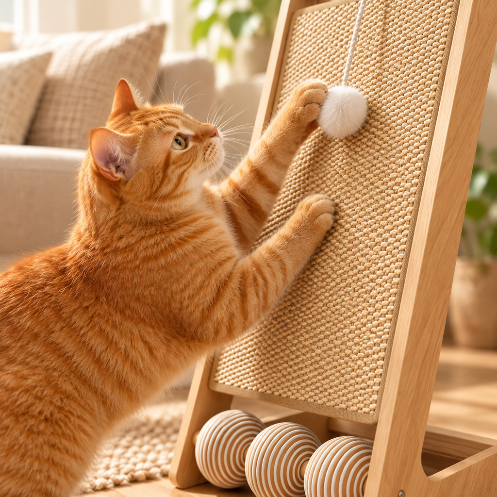 Cat Scratching Post for Indoor Cats  Inclined Wooden Cat Scratcher Board with Sisal Scratch Pad, Hanging Toy and Rollers