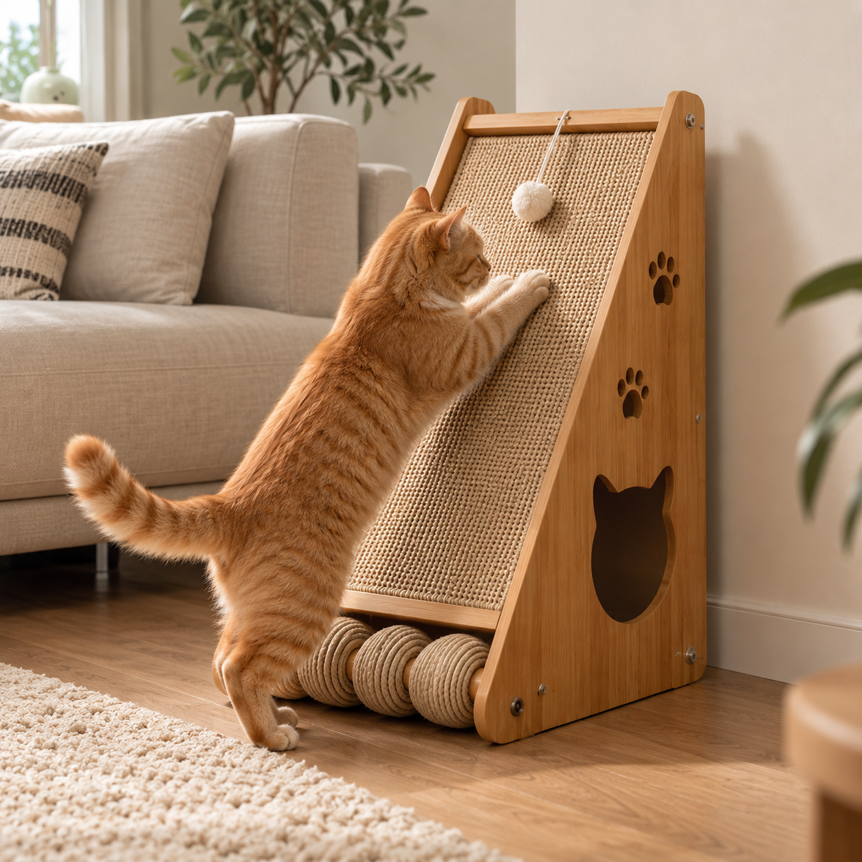 Wooden Cat Scratcher Ramp with Sisal Scratching Board & 3 Rolling Balls for Indoor Cats