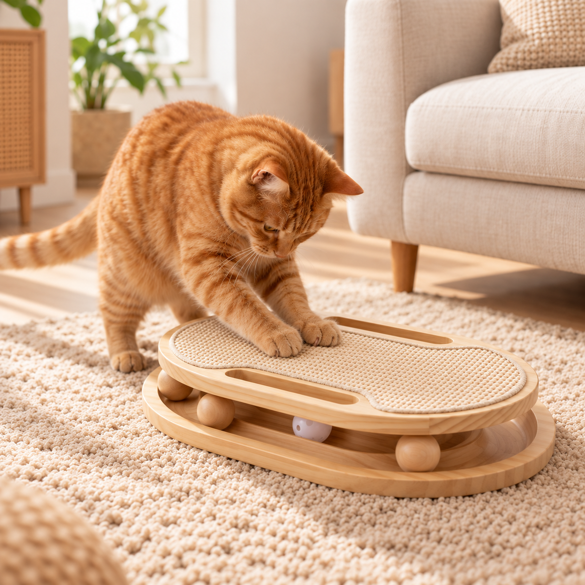 Interactive Cat Toy for Indoor Cats   Wooden Cat Scratcher with Ball Track & Scratch Pad for Kittens