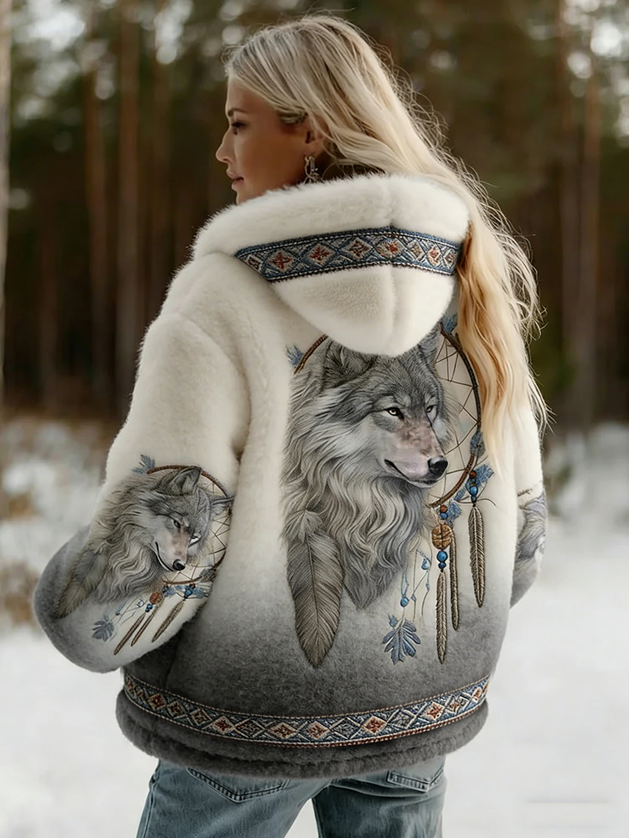 Women's Hooded Wolf Graphic Jacket, Long Sleeves, Patterned Trim