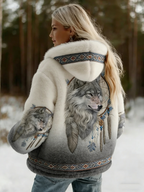 Women's Hooded Wolf Graphic Jacket, Long Sleeves, Patterned Trim