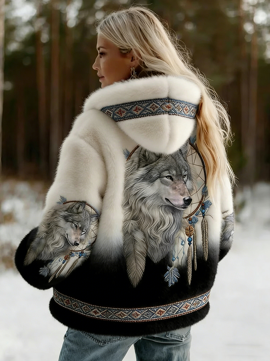 Women's Hooded Wolf Graphic Jacket, Long Sleeves, Patterned Trim