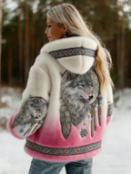 Women's Hooded Wolf Graphic Jacket, Long Sleeves, Patterned Trim