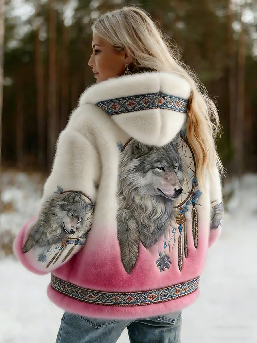 Women's Hooded Wolf Graphic Jacket, Long Sleeves, Patterned Trim