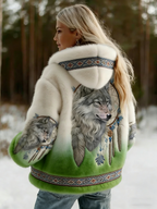 Women's Hooded Wolf Graphic Jacket, Long Sleeves, Patterned Trim