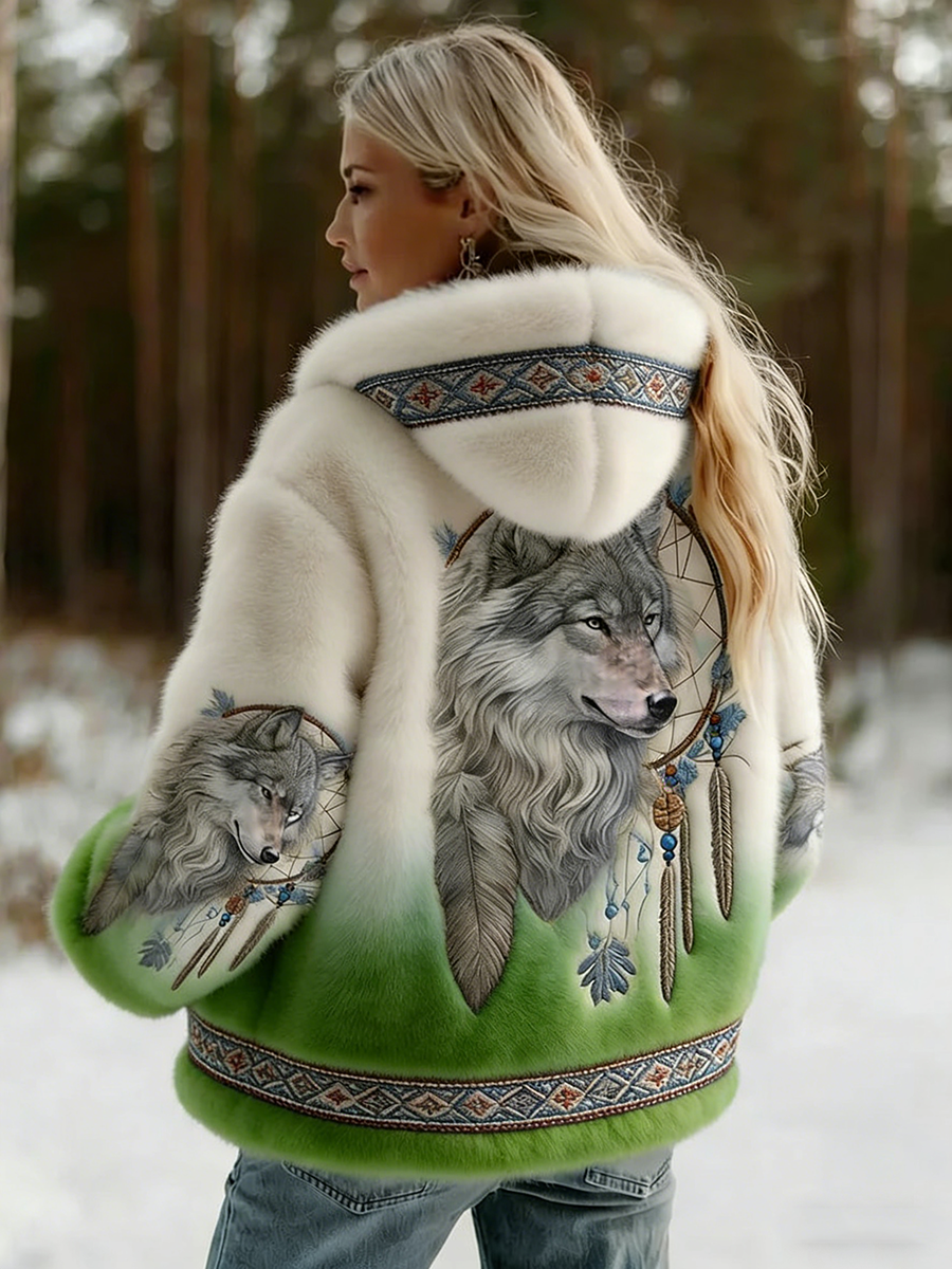 Women's Hooded Wolf Graphic Jacket, Long Sleeves, Patterned Trim