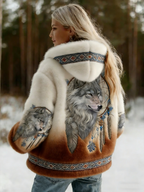 Women's Hooded Wolf Graphic Jacket, Long Sleeves, Patterned Trim