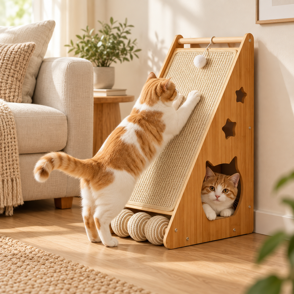 Wooden Cat Scratcher Ramp with Sisal Scratching Board & 3 Rolling Balls for Indoor Cats