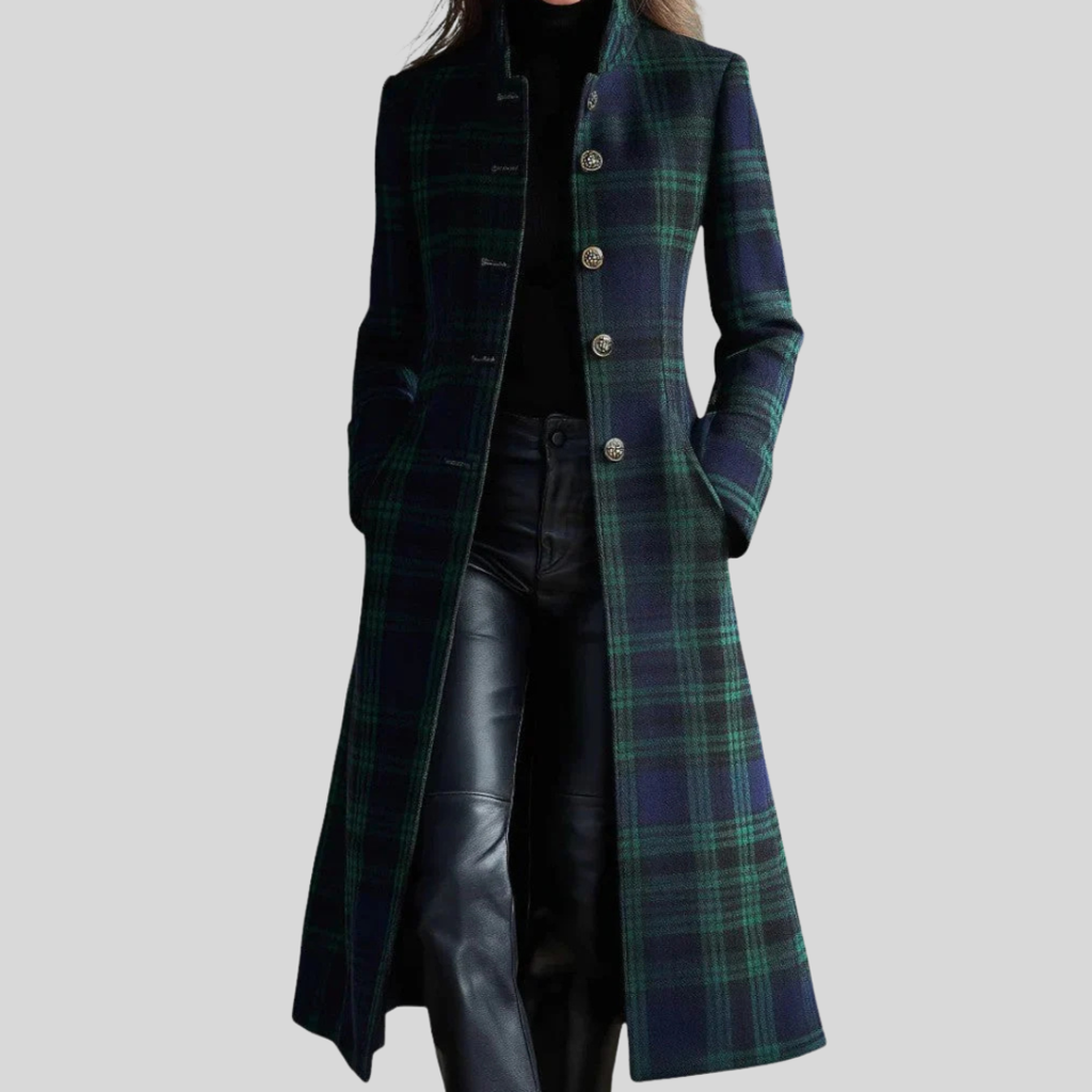 Women's Plaid Long Coat, Button Front, Long Sleeves