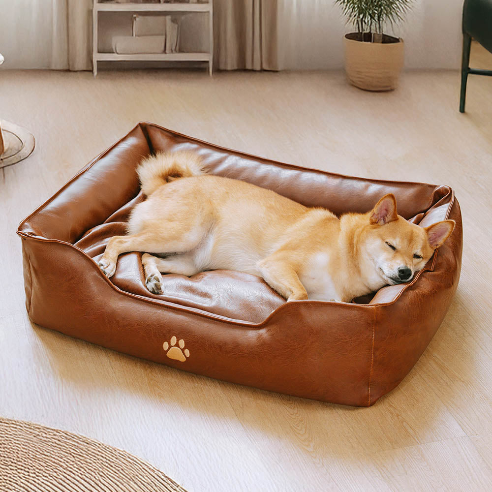 Faux Leather Dog Sofa Bed – Waterproof Wipe-Clean Bolster Bed