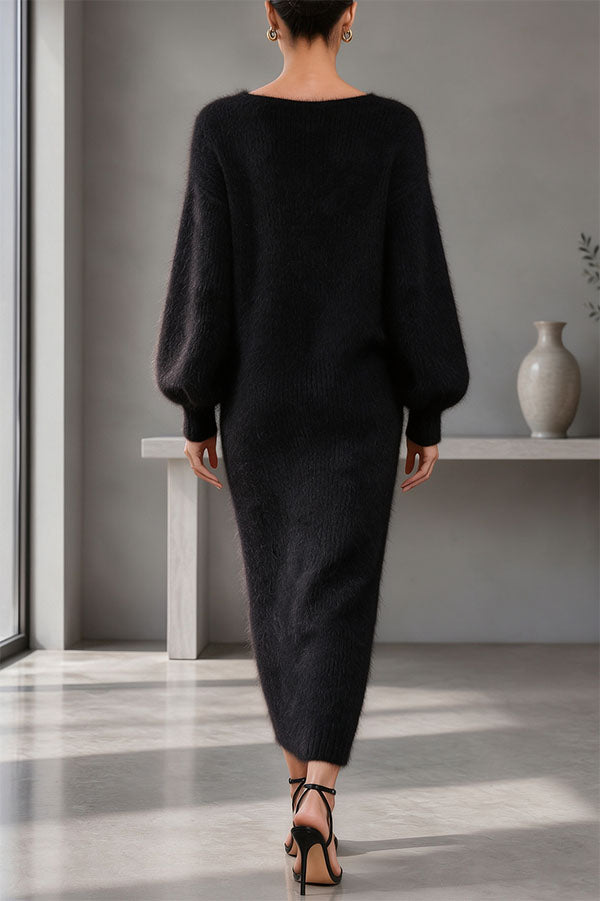Women's Knit V-Neck Button-Front Midi Dress, Balloon Sleeves