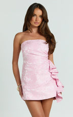 Women's Pink Jacquard Strapless Fit And Flare Mini Dress