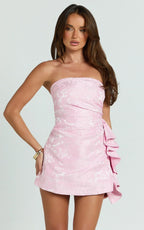 Women's Pink Jacquard Strapless Fit And Flare Mini Dress