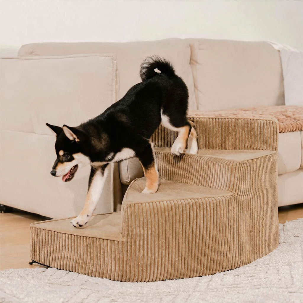 Spiral Dog Stairs for Bed – Corduroy Corner Steps That Hug the Furniture