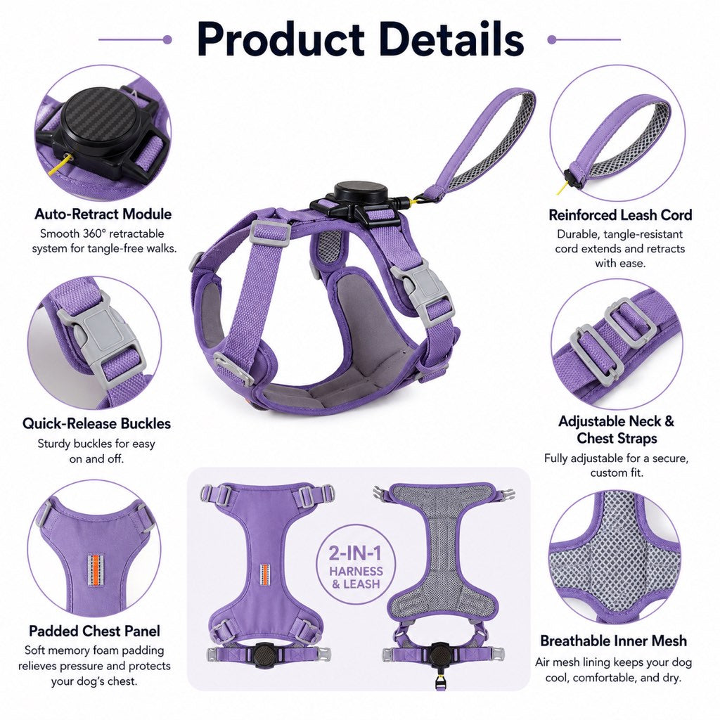2-in-1 Retractable Dog Harness for Daily Walks - Built-In Leash Vest with Auto-Stop Control for Small & Medium Dogs
