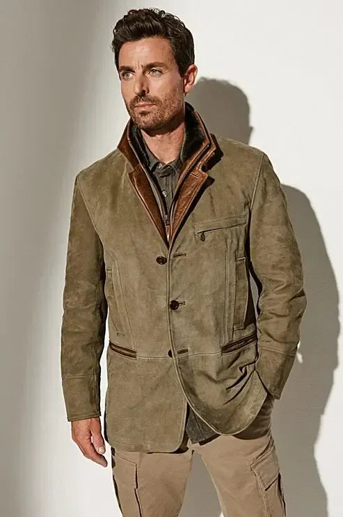 Men's Vintage Suede-Look Jacket, Layered Collar, Button Front