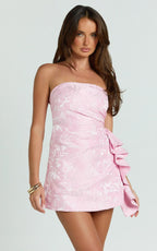 Women's Pink Jacquard Strapless Fit And Flare Mini Dress