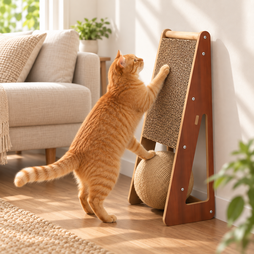 Kitten Scratching Board with Sisal Ball – Wooden Cat Scratcher for Indoor Cats, 2-in-1 Vertical & Flat Scratch Ramp