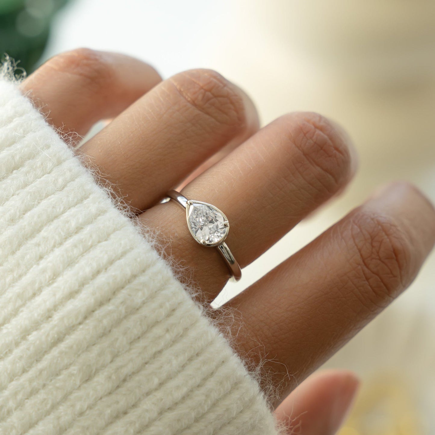 Modern Sideways Pear Bezel CZ Ring