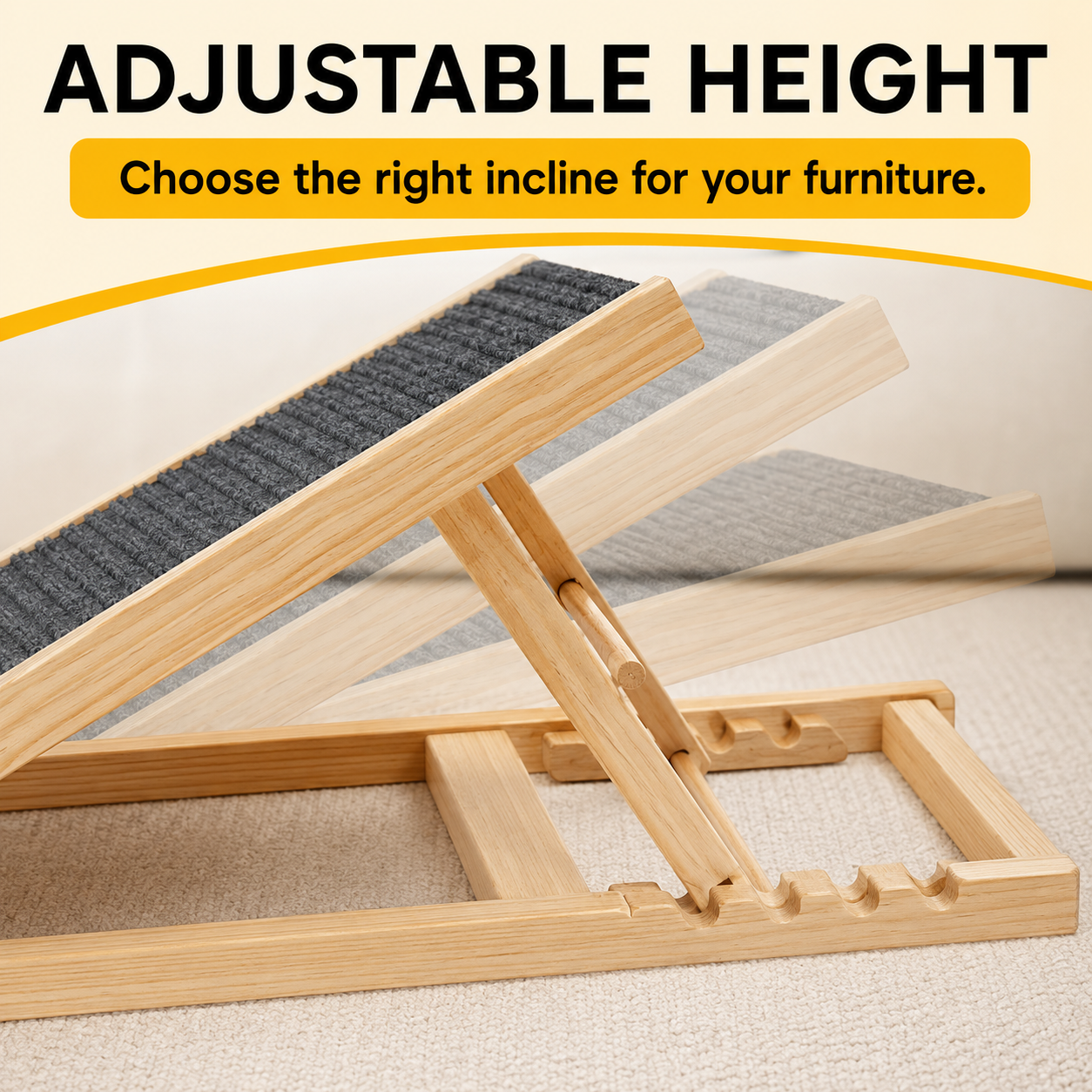 Adjustable Wooden Dog Ramp for Bed, Couch & Car – Foldable Non-Slip Pet Ramp for Small, Large & Senior Dogs, 132 lb Capacity