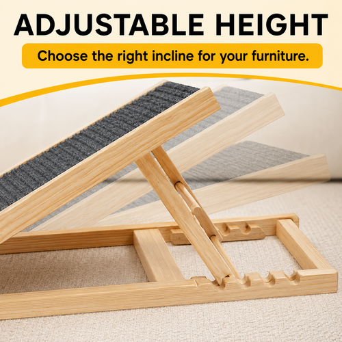 Adjustable Wooden Dog Ramp for Bed, Couch & Car – Foldable Non-Slip Pet Ramp for Small, Large & Senior Dogs, 132 lb Capacity