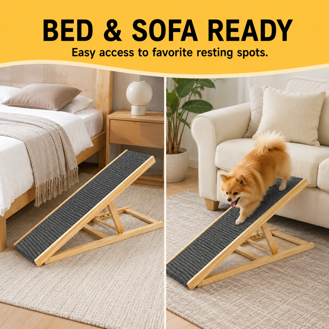 Adjustable Wooden Dog Ramp for Bed, Couch & Car – Foldable Non-Slip Pet Ramp for Small, Large & Senior Dogs, 132 lb Capacity