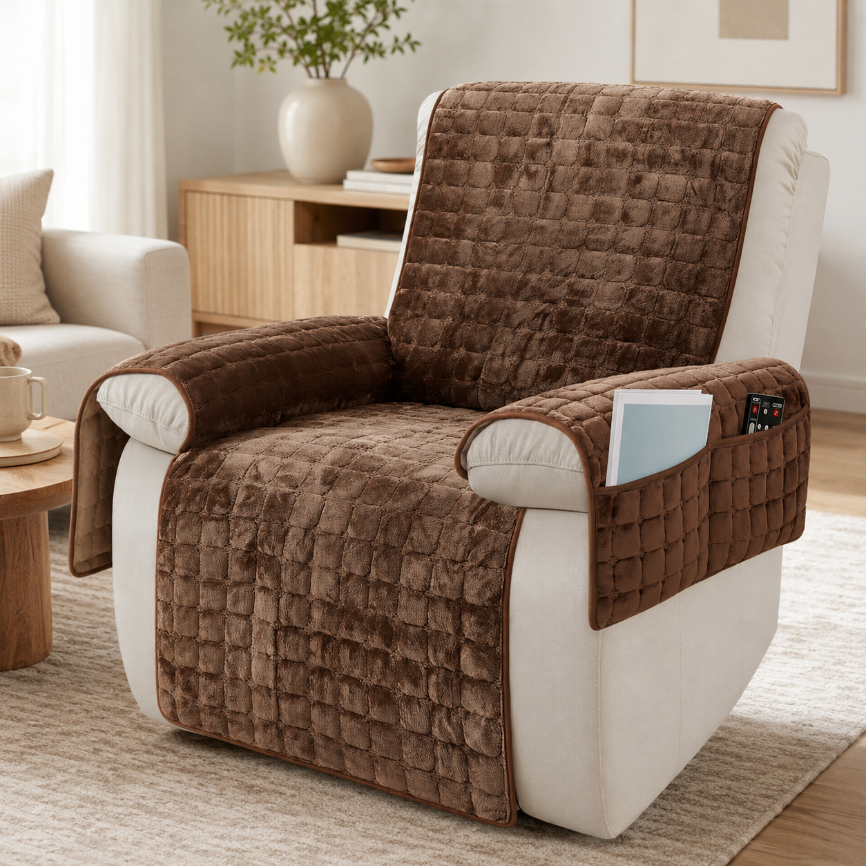 Quilted Recliner Chair Cover – Non-Slip Washable Furniture Protector with Side Pocket