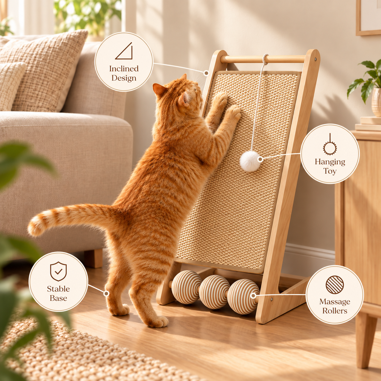 Cat Scratching Post for Indoor Cats  Inclined Wooden Cat Scratcher Board with Sisal Scratch Pad, Hanging Toy and Rollers