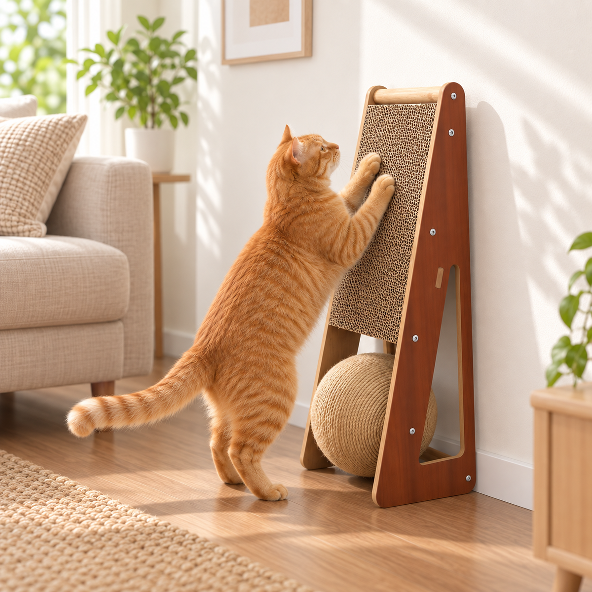 Kitten Scratching Board with Sisal Ball – Wooden Cat Scratcher for Indoor Cats, 2-in-1 Vertical & Flat Scratch Ramp