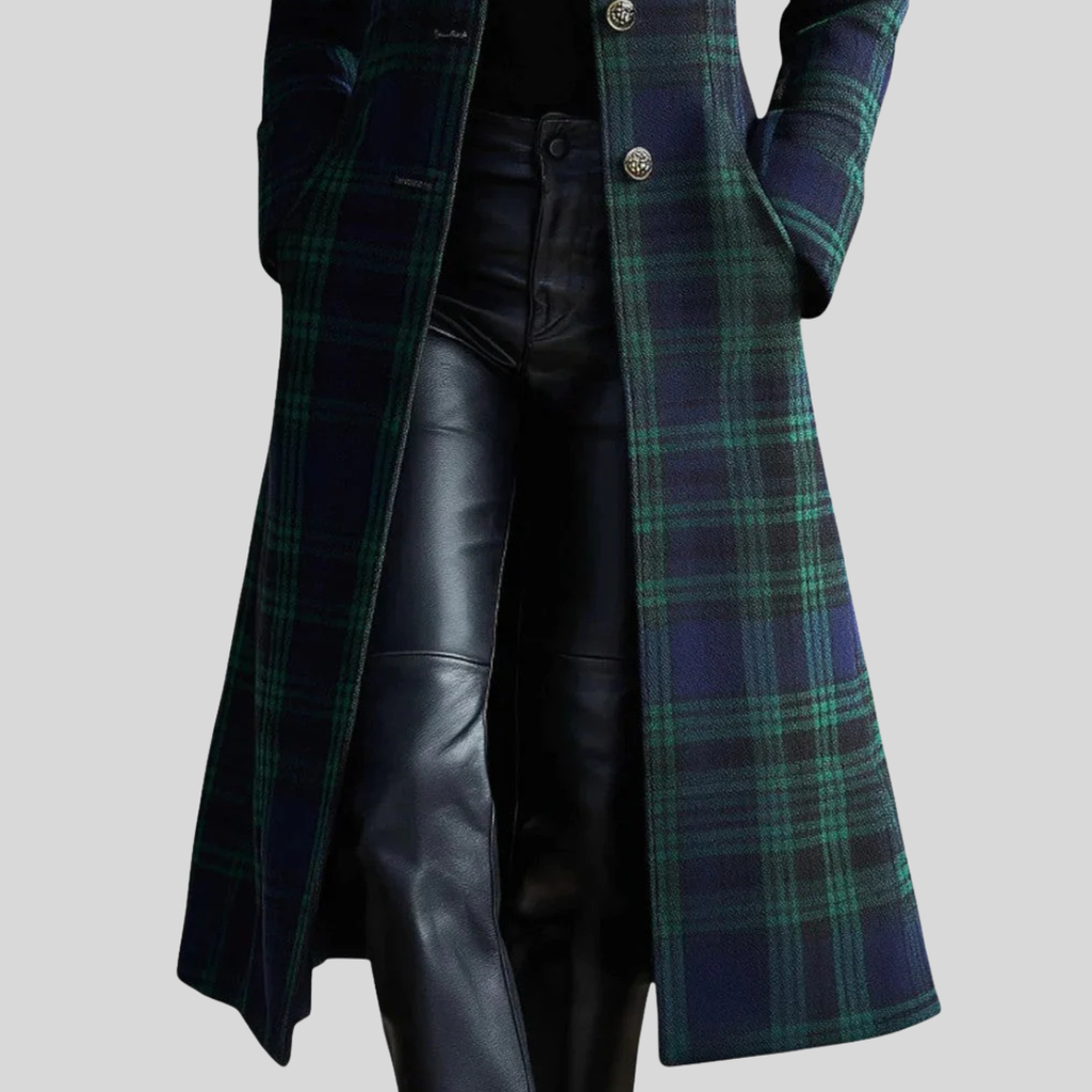 Women's Plaid Long Coat, Button Front, Long Sleeves