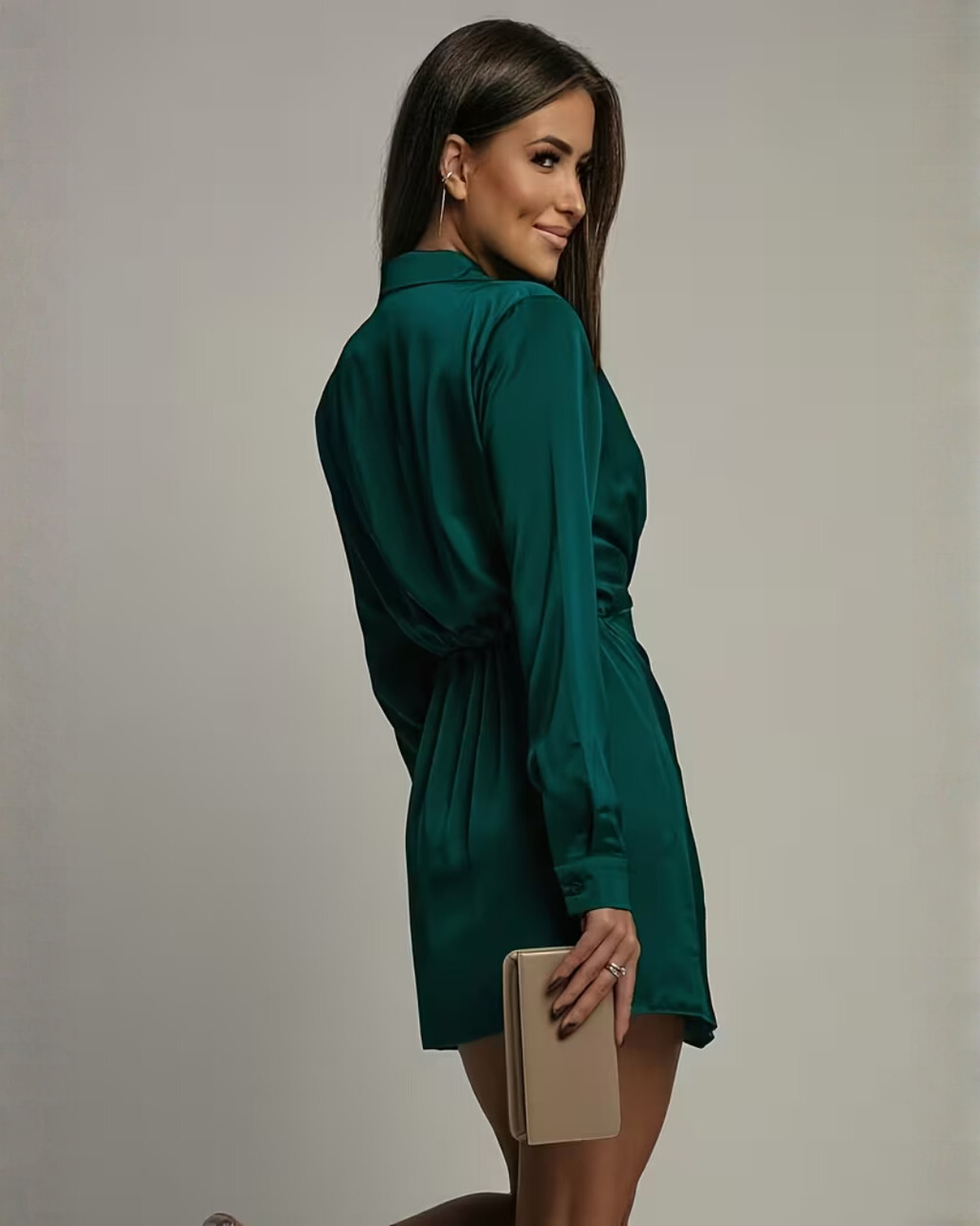 Women's Satin Wrap Mini Dress, Long Sleeves, Collared