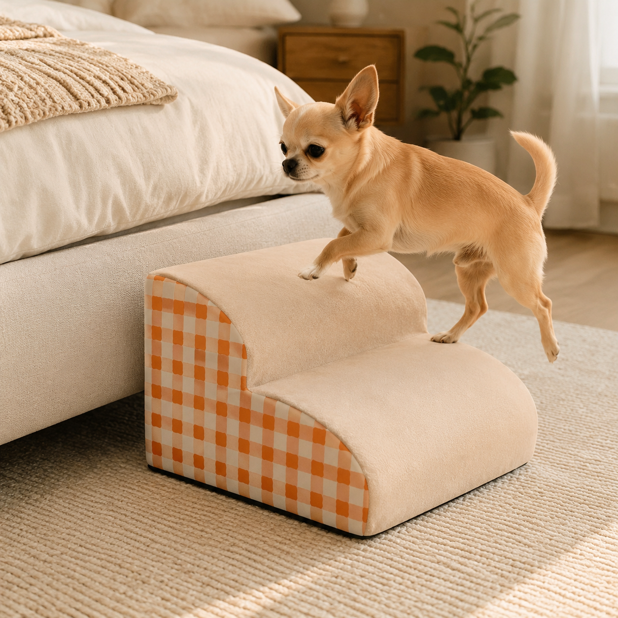 Dog Stairs for Bed & Couch - 2/3-Step Curved High-Density Foam Dog Steps with Non-Slip Bottom & Washable Cover for Small Dogs, Senior Pets & Cats