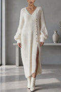 Women's Knit V-Neck Button-Front Midi Dress, Balloon Sleeves