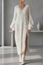 Women's Knit V-Neck Button-Front Midi Dress, Balloon Sleeves