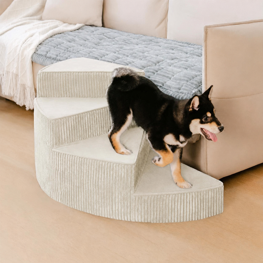 Spiral Dog Stairs for Bed – Corduroy Corner Steps That Hug the Furniture
