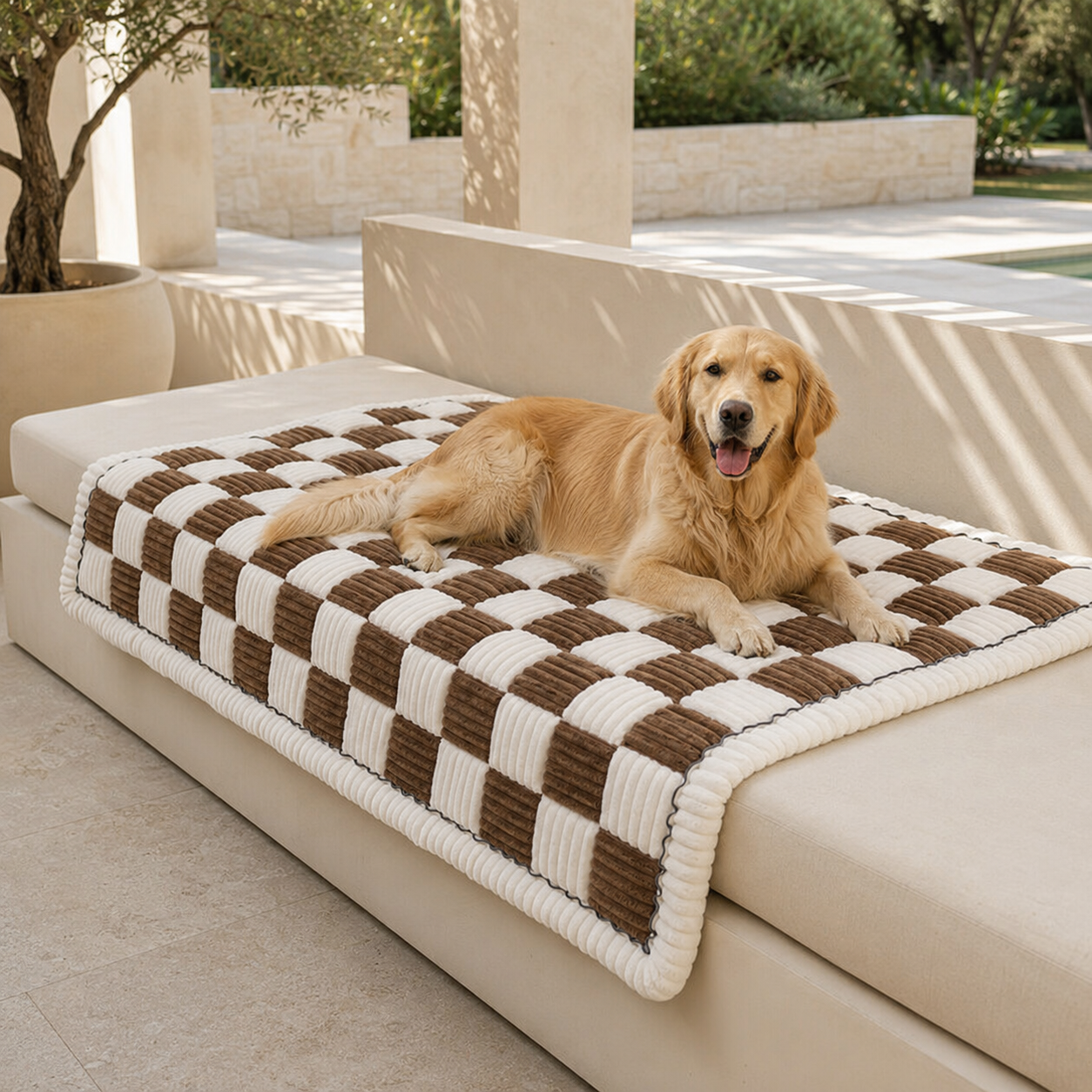 Cozy Chenille Pet Mat Bed | Cream-Colored Large Plaid Design for Comfort