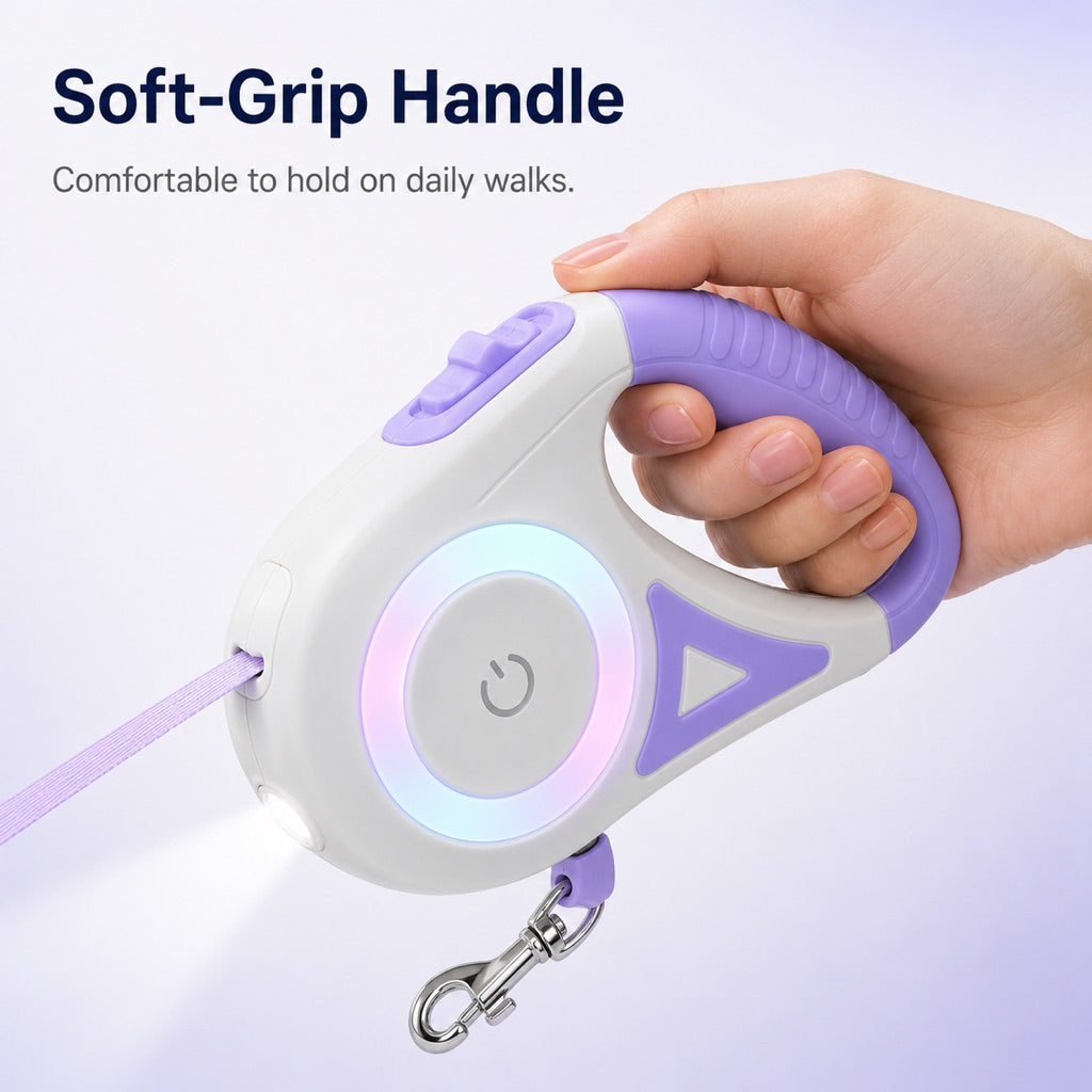 LED Retractable Dog Leash for Night Walks - Light-Up Dog Leash with Built-In Spotlight, RGB Side Glow & One-Touch Brake for Safer Evening Walks