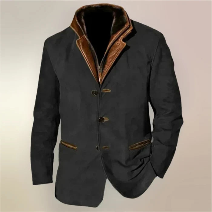 Men's Vintage Suede-Look Jacket, Layered Collar, Button Front