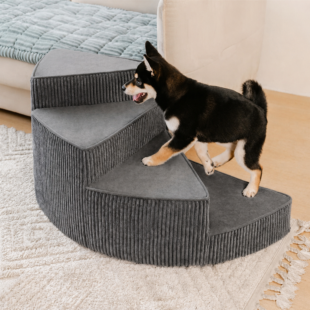 Spiral Dog Stairs for Bed – Corduroy Corner Steps That Hug the Furniture