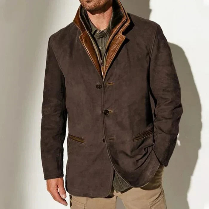 Men's Vintage Suede-Look Jacket, Layered Collar, Button Front