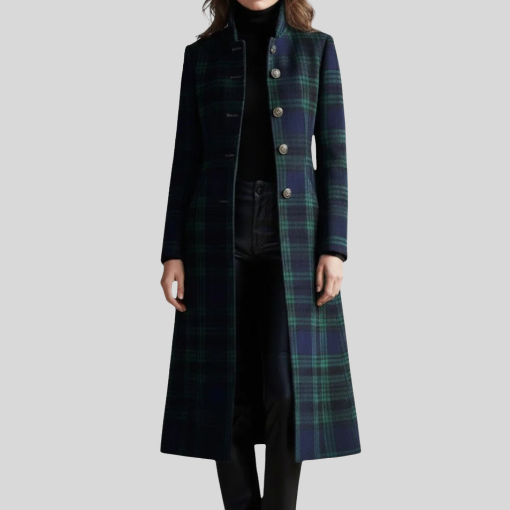 Women's Plaid Long Coat, Button Front, Long Sleeves
