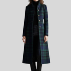 Women's Plaid Long Coat, Button Front, Long Sleeves